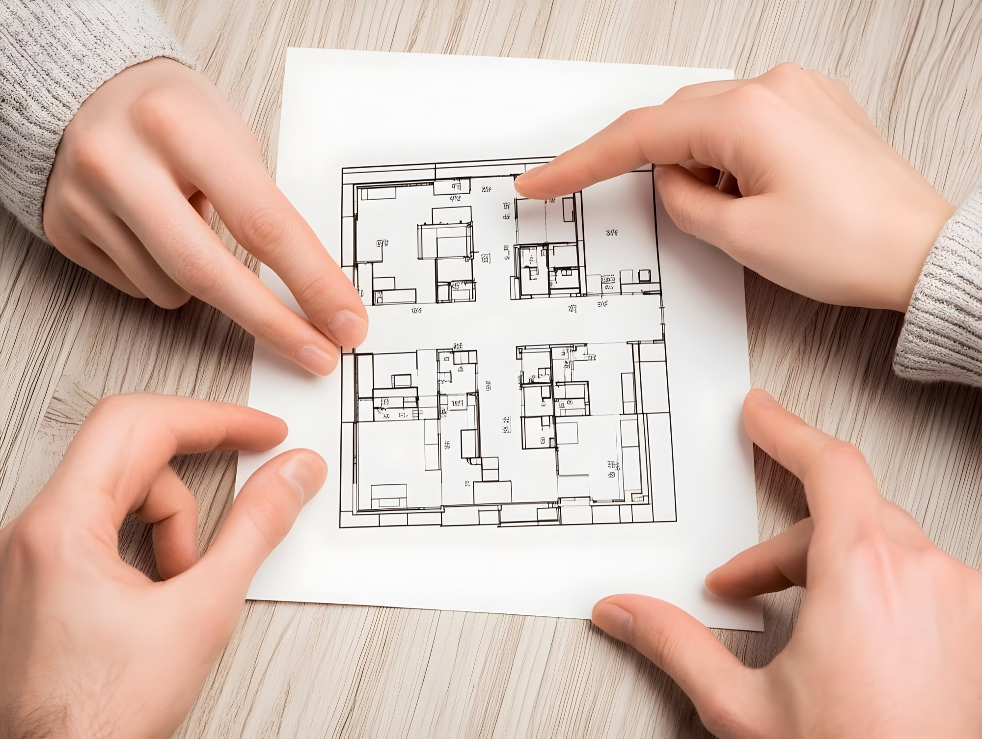 木目調のテーブルで、二人の手が住宅の間取り図を広げ、指をさしながら新築やリフォームの計画を検討している。